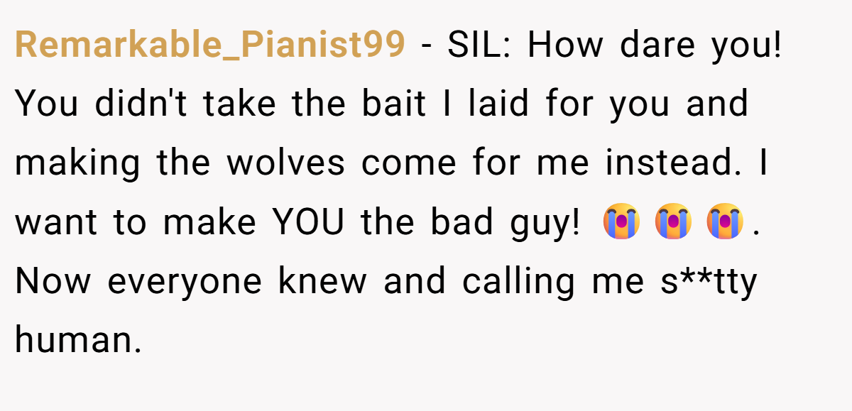 Remarkable_Pianist99 - SIL: How dare you! You didn't take the bait I laid for you and making the wolves come for me instead. I want to make YOU the bad guy! 😭😭😭. Now everyone knew and calling me s**tty human.