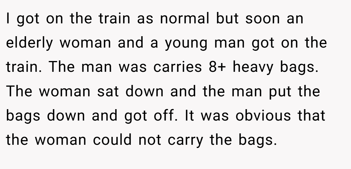 I got on the train as normal but soon an elderly woman and a young man got on the train. The man was carries 8+ heavy bags. The woman sat down and the man put the bags down and got off. It was obvious that the woman could not carry the bags.