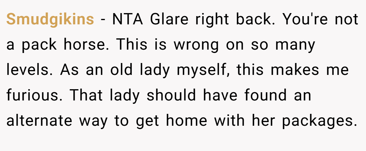 Smudgikins − NTA Glare right back. You're not a pack horse. This is wrong on so many levels. As an old lady myself, this makes me furious. That lady should have found an alternate way to get home with her packages.