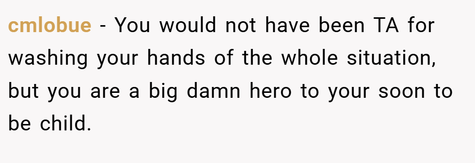 cmlobue − You would not have been TA for washing your hands of the whole situation, but you are a big damn hero to your soon to be child.
