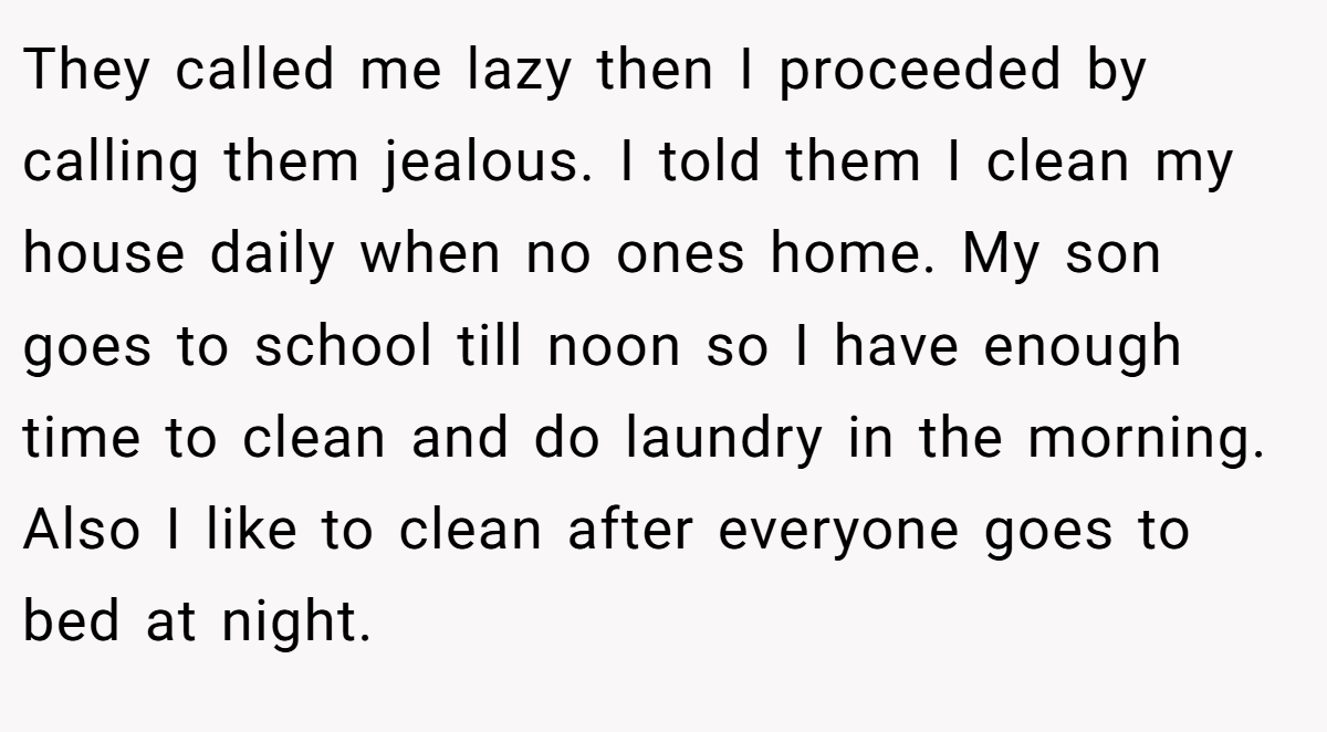 They called me lazy then I proceeded by calling them jealous. I told them I clean my house daily when no ones home. My son goes to school till noon so I have enough time to clean and do laundry in the morning. Also I like to clean after everyone goes to bed at night.