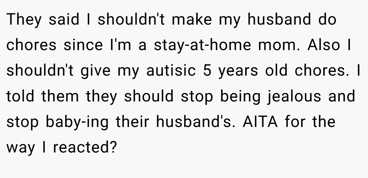 They said I shouldn't make my husband do chores since I'm a stay-at-home mom. Also I shouldn't give my autisic 5 years old chores. I told them they should stop being jealous and stop baby-ing their husband's. AITA for the way I reacted?