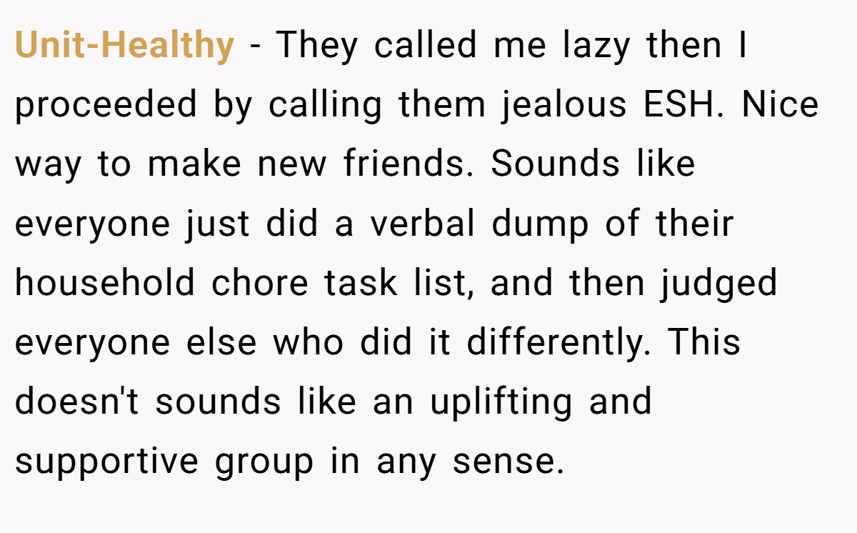 Unit-Healthy − They called me lazy then I proceeded by calling them jealous ESH. Nice way to make new friends. Sounds like everyone just did a verbal dump of their household chore task list, and then judged everyone else who did it differently. This doesn't sounds like an uplifting and supportive group in any sense.