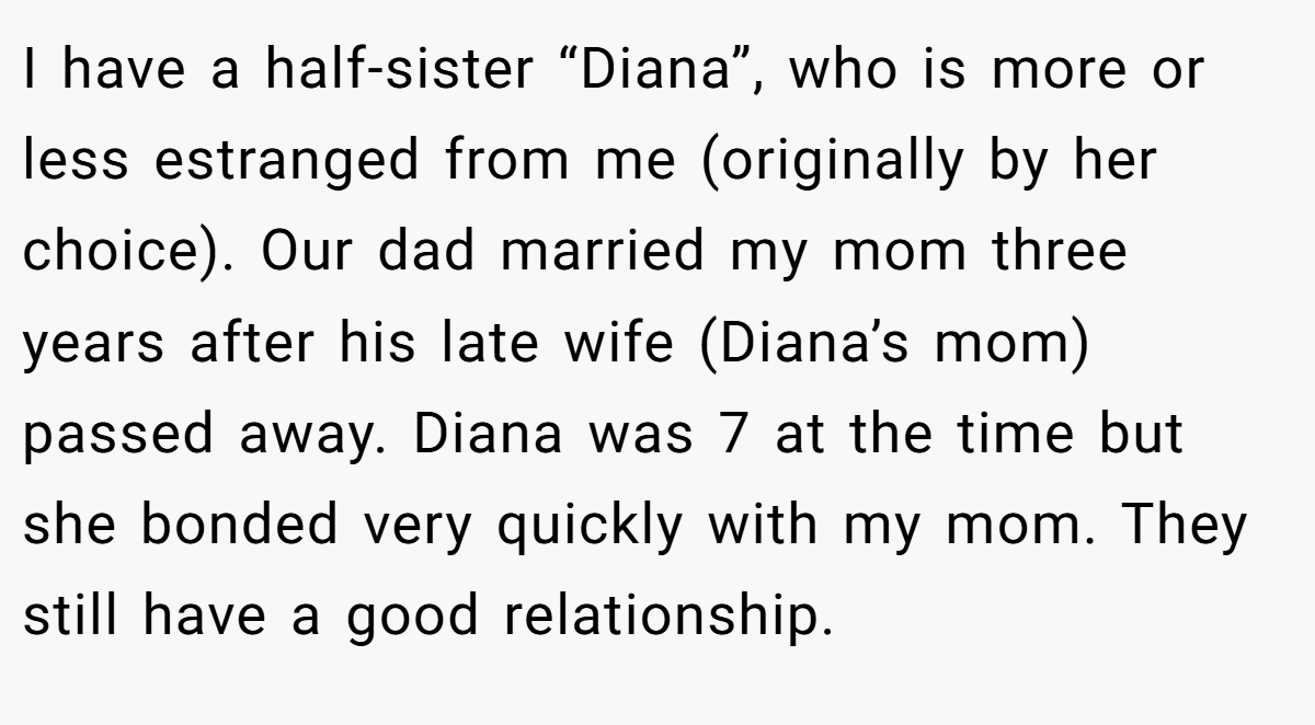 I have a half-sister “Diana”, who is more or less estranged from me (originally by her choice). Our dad married my mom three years after his late wife (Diana’s mom) passed away. Diana was 7 at the time but she bonded very quickly with my mom. They still have a good relationship.