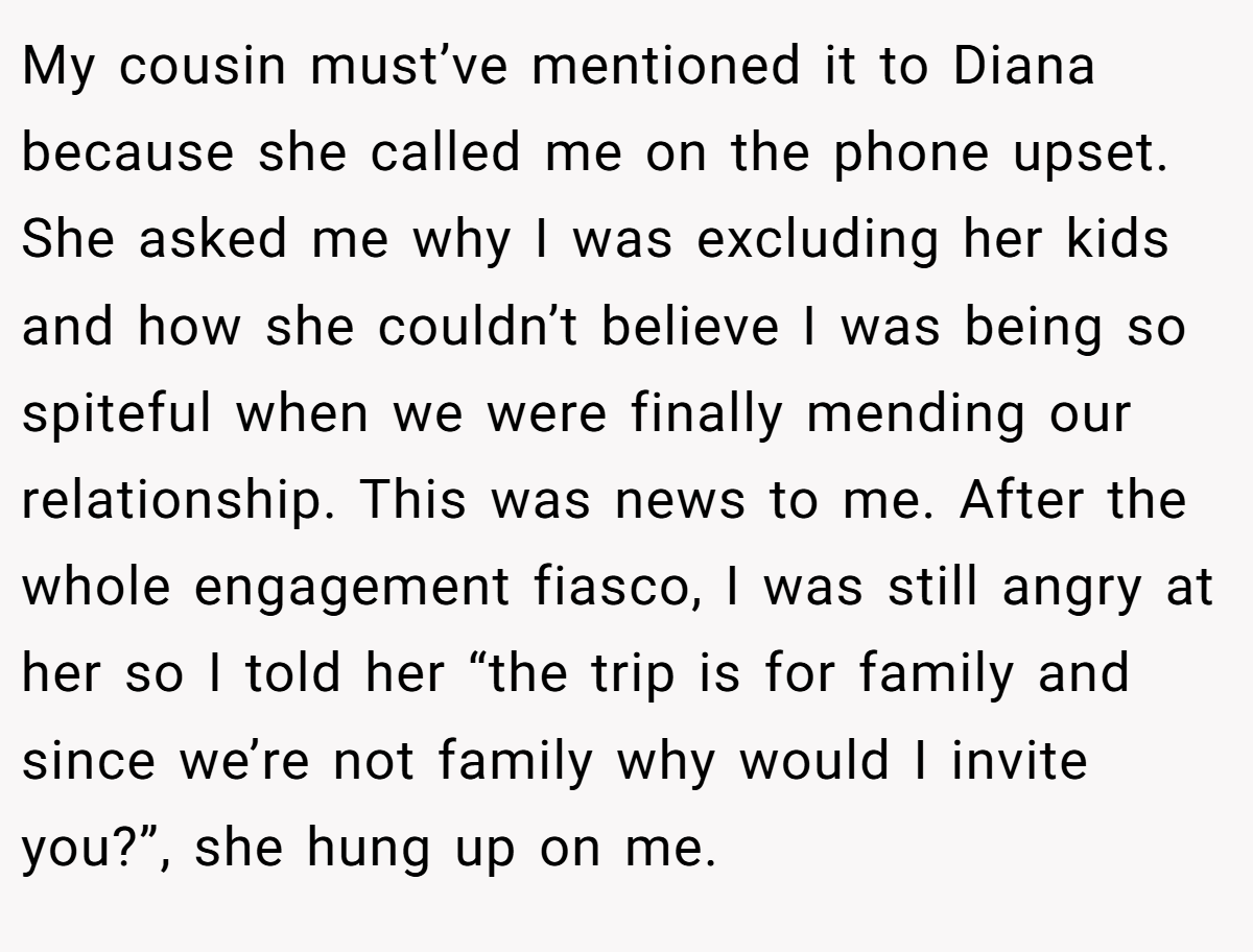 My cousin must’ve mentioned it to Diana because she called me on the phone upset. She asked me why I was excluding her kids and how she couldn’t believe I was being so spiteful when we were finally mending our relationship. This was news to me. After the whole engagement fiasco, I was still angry at her so I told her “the trip is for family and since we’re not family why would I invite you?”, she hung up on me.