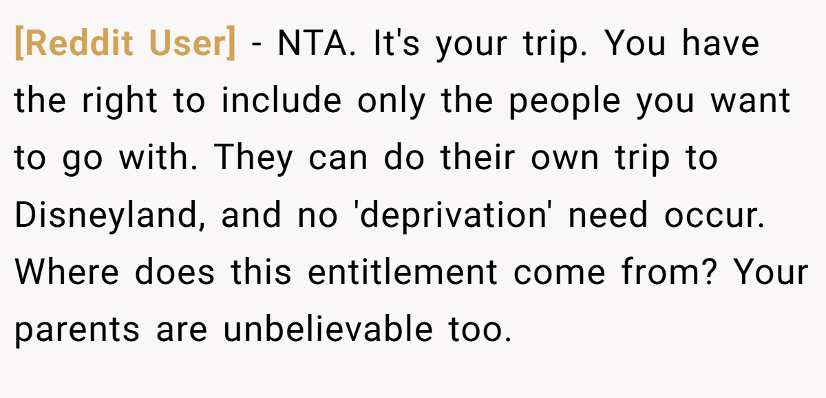 [Reddit User] − NTA. It's your trip. You have the right to include only the people you want to go with. They can do their own trip to Disneyland, and no 'deprivation' need occur. Where does this entitlement come from? Your parents are unbelievable too.