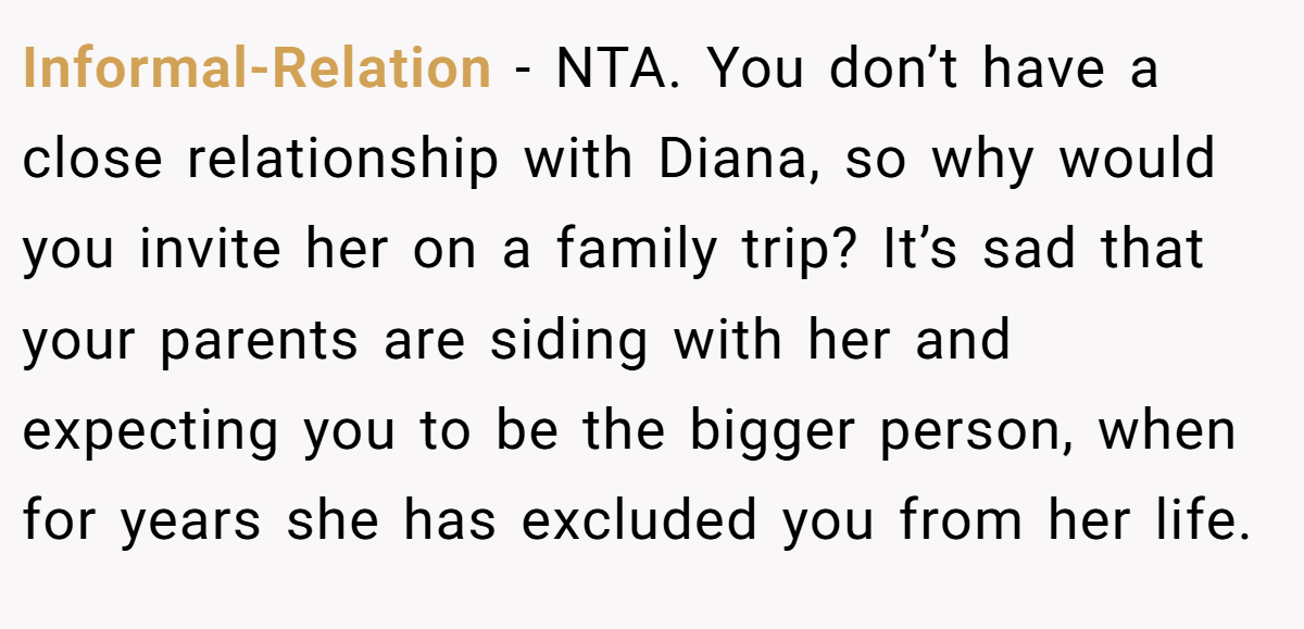 Informal-Relation − NTA. You don’t have a close relationship with Diana, so why would you invite her on a family trip? It’s sad that your parents are siding with her and expecting you to be the bigger person, when for years she has excluded you from her life.
