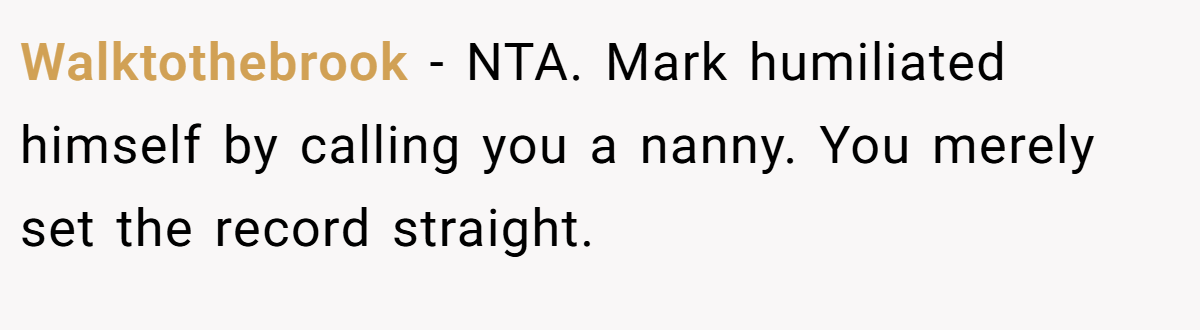Walktothebrook − NTA. Mark humiliated himself by calling you a nanny. You merely set the record straight.