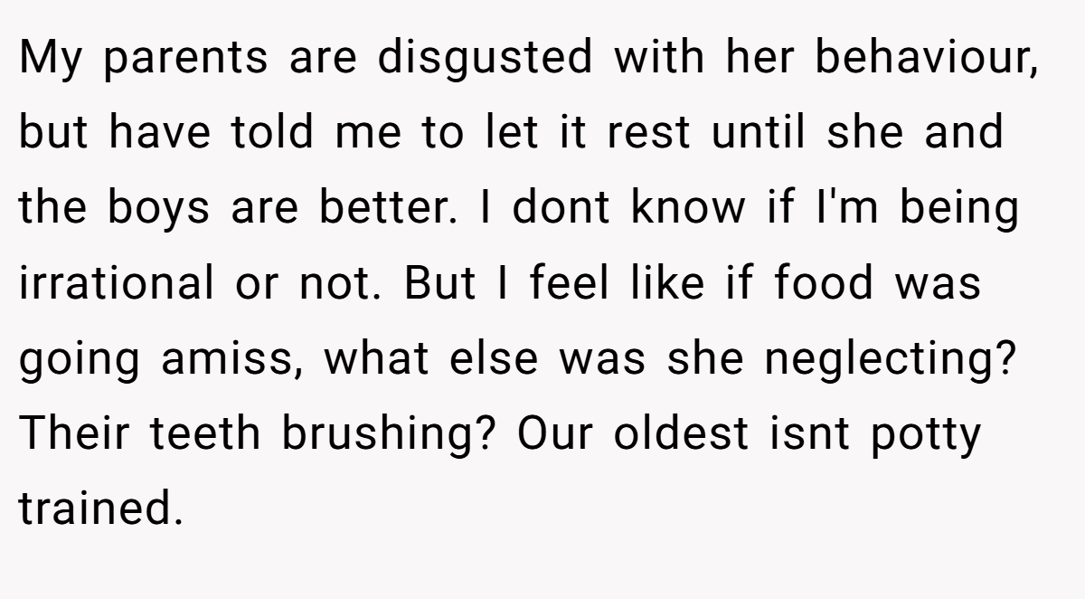 My parents are disgusted with her behaviour, but have told me to let it rest until she and the boys are better. I dont know if I'm being irrational or not. But I feel like if food was going amiss, what else was she neglecting? Their teeth brushing? Our oldest isnt potty trained.