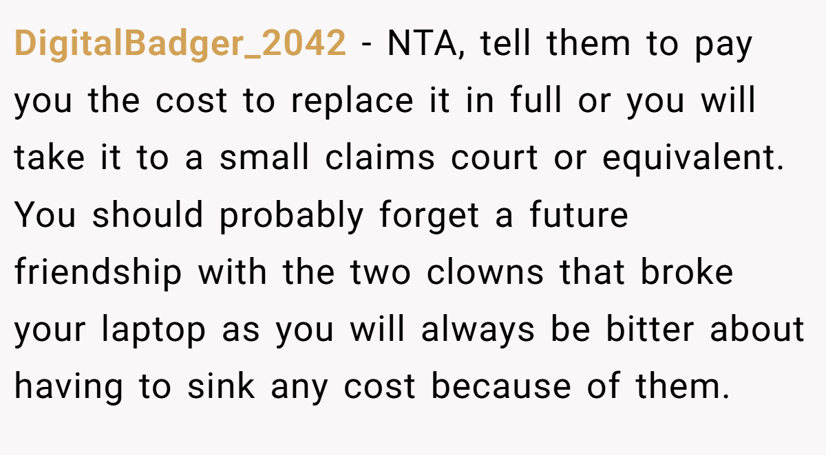DigitalBadger_2042 − NTA, tell them to pay you the cost to replace it in full or you will take it to a small claims court or equivalent. You should probably forget a future friendship with the two clowns that broke your laptop as you will always be bitter about having to sink any cost because of them.