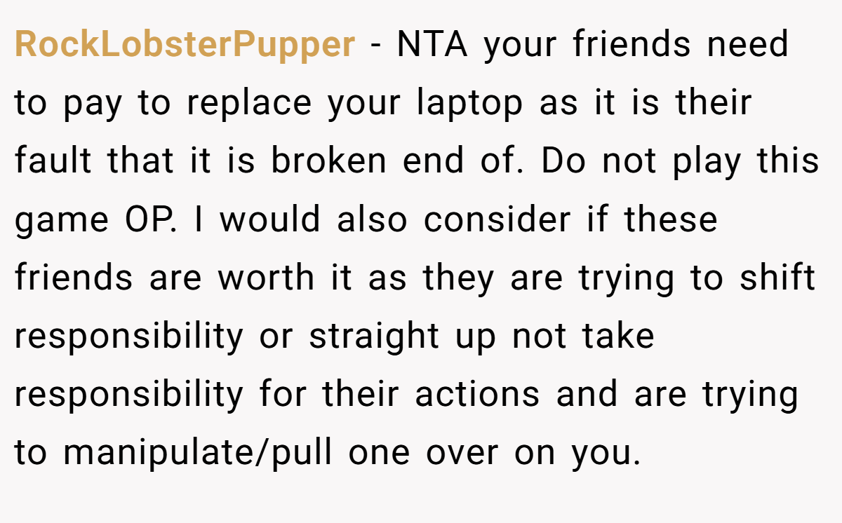 RockLobsterPupper − NTA your friends need to pay to replace your laptop as it is their fault that it is broken end of. Do not play this game OP. I would also consider if these friends are worth it as they are trying to shift responsibility or straight up not take responsibility for their actions and are trying to manipulate/pull one over on you.
