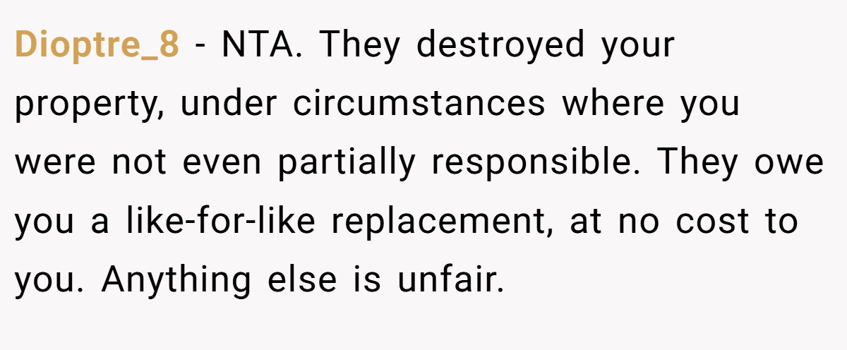 Dioptre_8 − NTA. They destroyed your property, under circumstances where you were not even partially responsible. They owe you a like-for-like replacement, at no cost to you. Anything else is unfair.
