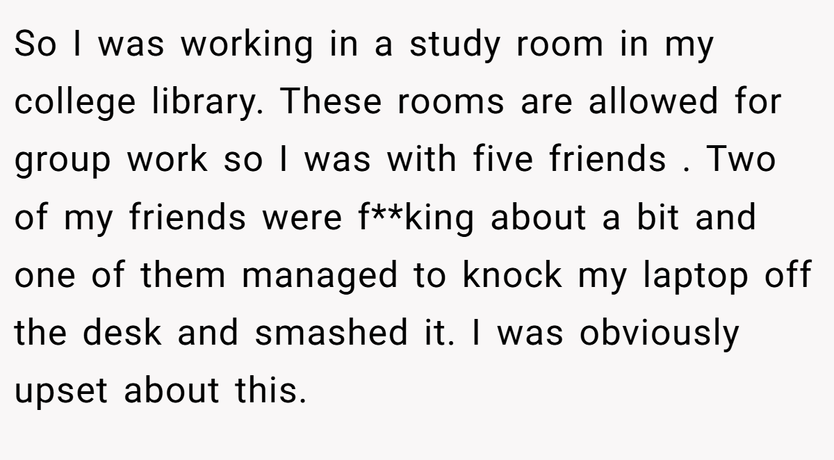 So I was working in a study room in my college library. These rooms are allowed for group work so I was with five friends . Two of my friends were f**king about a bit and one of them managed to knock my laptop off the desk and smashed it. I was obviously upset about this.