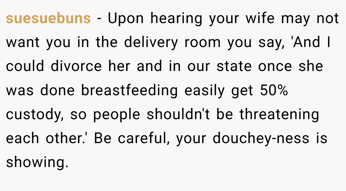 suesuebuns − Upon hearing your wife may not want you in the delivery room you say, 'And I could divorce her and in our state once she was done breastfeeding easily get 50% custody, so people shouldn't be threatening each other.' Be careful, your douchey-ness is showing.