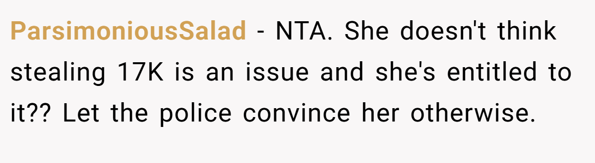 ParsimoniousSalad − NTA. She doesn't think stealing 17K is an issue and she's entitled to it?? Let the police convince her otherwise.