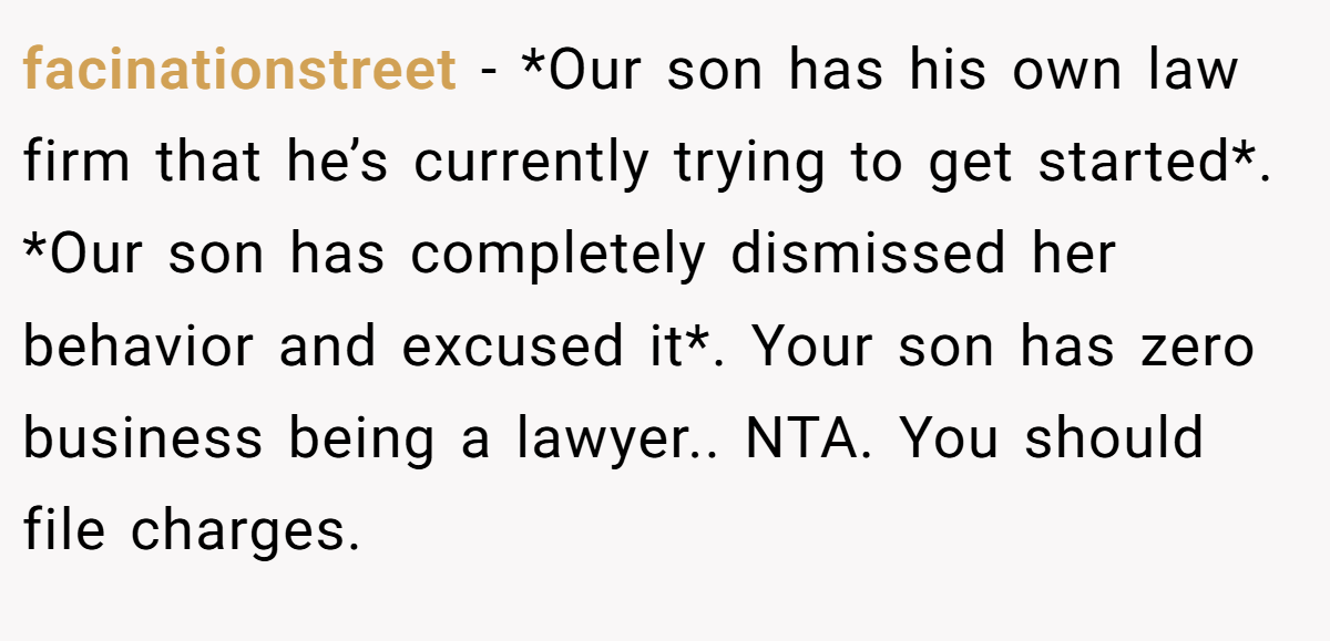 facinationstreet − *Our son has his own law firm that he’s currently trying to get started*. *Our son has completely dismissed her behavior and excused it*. Your son has zero business being a lawyer.. NTA. You should file charges.