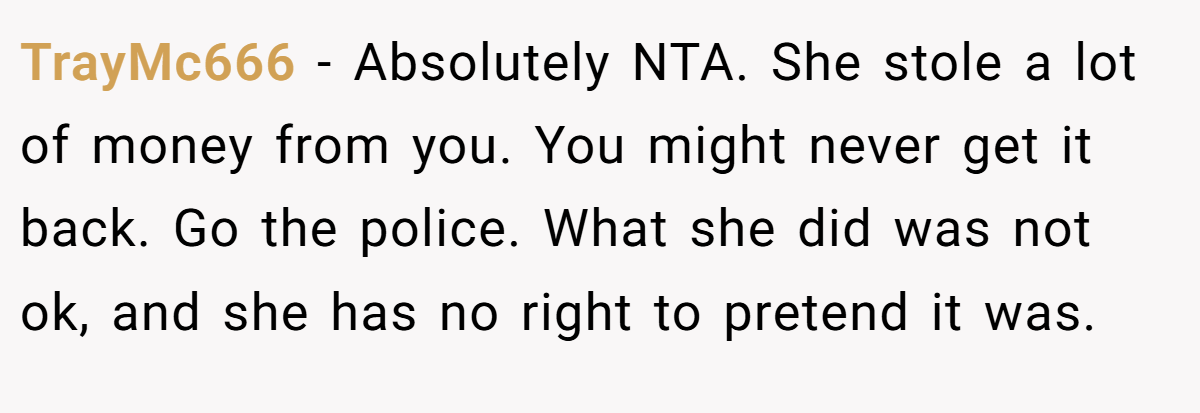 TrayMc666 − Absolutely NTA. She stole a lot of money from you. You might never get it back. Go the police. What she did was not ok, and she has no right to pretend it was.
