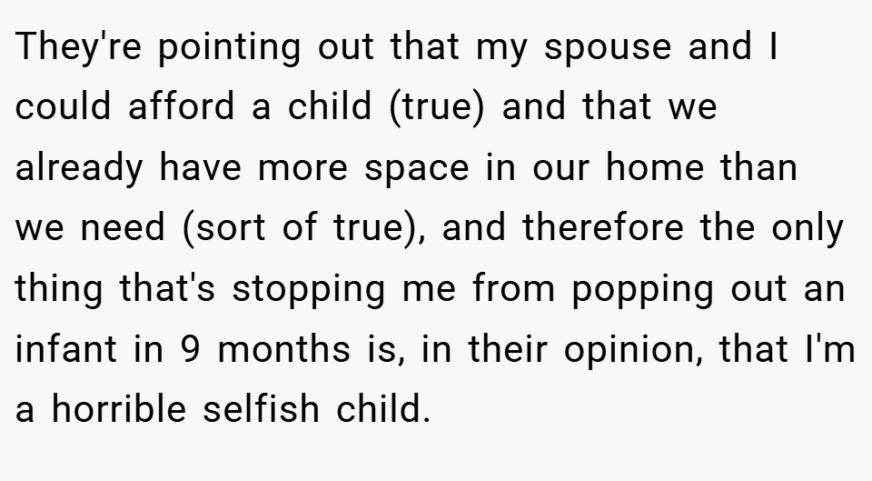 They're pointing out that my spouse and I could afford a child (true) and that we already have more space in our home than we need (sort of true), and therefore the only thing that's stopping me from popping out an infant in 9 months is, in their opinion, that I'm a horrible selfish child.