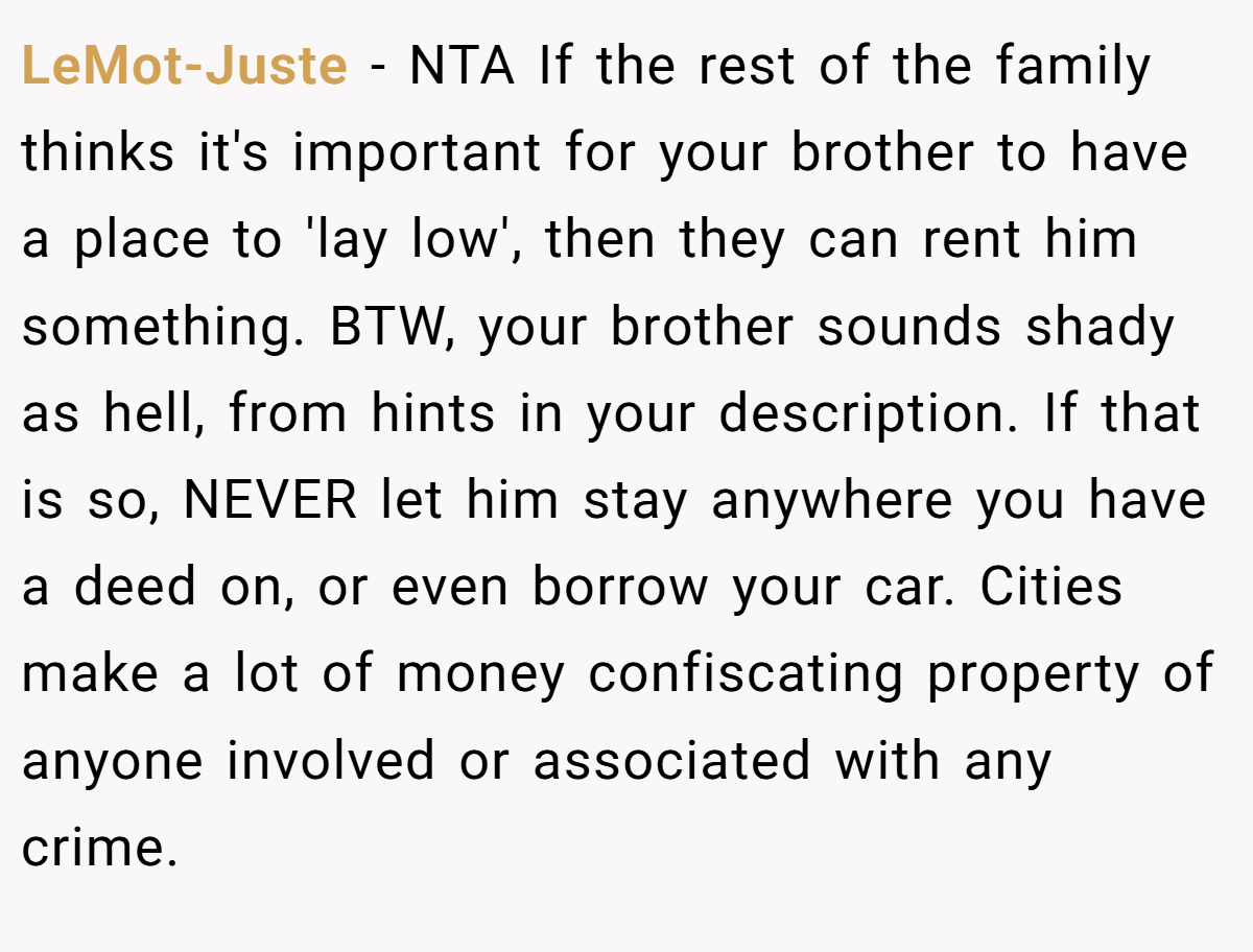 LeMot-Juste − NTA If the rest of the family thinks it's important for your brother to have a place to 'lay low', then they can rent him something. BTW, your brother sounds shady as hell, from hints in your description. If that is so, NEVER let him stay anywhere you have a deed on, or even borrow your car. Cities make a lot of money confiscating property of anyone involved or associated with any crime.