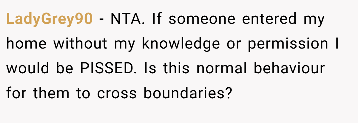 LadyGrey90 − NTA. If someone entered my home without my knowledge or permission I would be PISSED. Is this normal behaviour for them to cross boundaries?