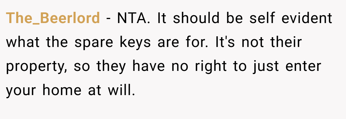 The_Beerlord − NTA. It should be self evident what the spare keys are for. It's not their property, so they have no right to just enter your home at will.