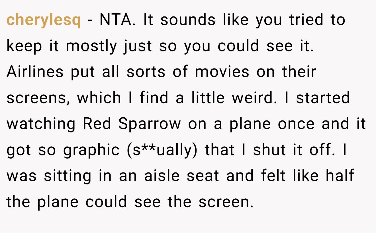 cherylesq - NTA. It sounds like you tried to keep it mostly just so you could see it. Airlines put all sorts of movies on their screens, which I find a little weird. I started watching Red Sparrow on a plane once and it got so graphic (s**ually) that I shut it off. I was sitting in an aisle seat and felt like half the plane could see the screen.