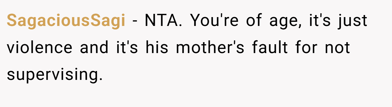 SagaciousSagi - NTA. You're of age, it's just violence and it's his mother's fault for not supervising.