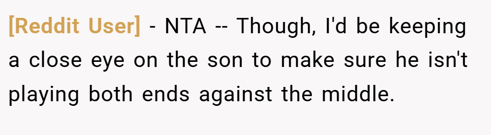 [Reddit User] − NTA -- Though, I'd be keeping a close eye on the son to make sure he isn't playing both ends against the middle.