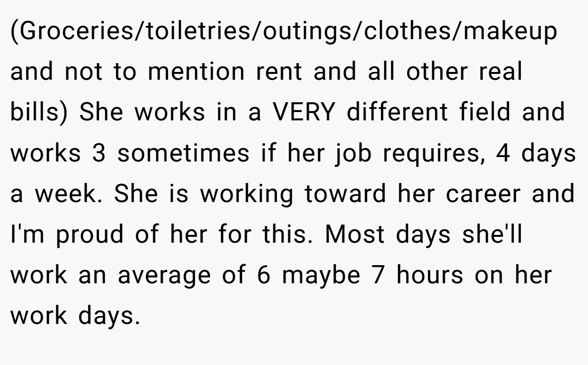 (Groceries/toiletries/outings/clothes/makeup and not to mention rent and all other real bills) She works in a VERY different field and works 3 sometimes if her job requires, 4 days a week. She is working toward her career and I'm proud of her for this. Most days she'll work an average of 6 maybe 7 hours on her work days.