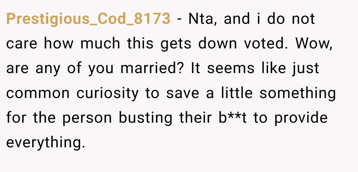 Prestigious_Cod_8173 − Nta, and i do not care how much this gets down voted. Wow, are any of you married? It seems like just common curiosity to save a little something for the person busting their b**t to provide everything.