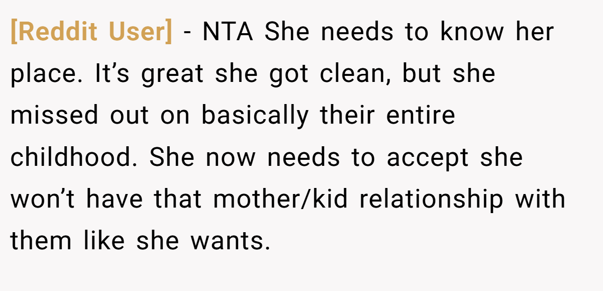 [Reddit User] − NTA She needs to know her place. It’s great she got clean, but she missed out on basically their entire childhood. She now needs to accept she won’t have that mother/kid relationship with them like she wants.