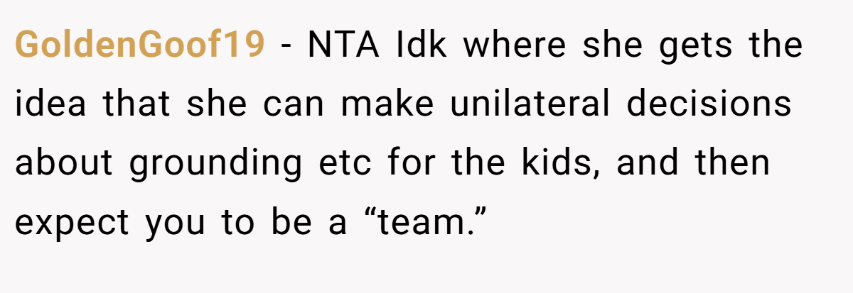 GoldenGoof19 − NTA Idk where she gets the idea that she can make unilateral decisions about grounding etc for the kids, and then expect you to be a “team.”