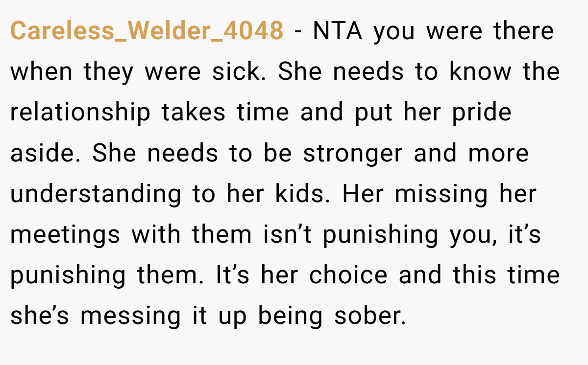 Careless_Welder_4048 − NTA you were there when they were sick. She needs to know the relationship takes time and put her pride aside. She needs to be stronger and more understanding to her kids. Her missing her meetings with them isn’t punishing you, it’s punishing them. It’s her choice and this time she’s messing it up being sober.