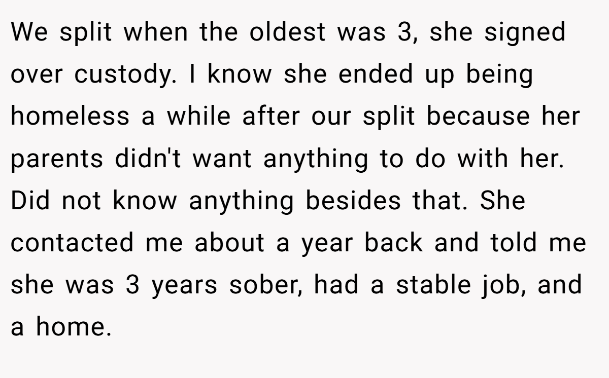 We split when the oldest was 3, she signed over custody. I know she ended up being homeless a while after our split because her parents didn't want anything to do with her. Did not know anything besides that. She contacted me about a year back and told me she was 3 years sober, had a stable job, and a home.