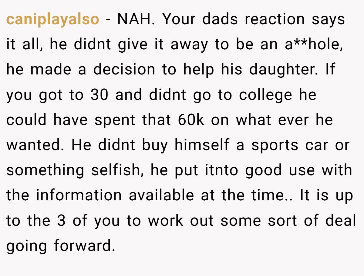 caniplayalso − NAH. Your dads reaction says it all, he didnt give it away to be an a**hole, he made a decision to help his daughter. If you got to 30 and didnt go to college he could have spent that 60k on what ever he wanted. He didnt buy himself a sports car or something selfish, he put itnto good use with the information available at the time.. It is up to the 3 of you to work out some sort of deal going forward.