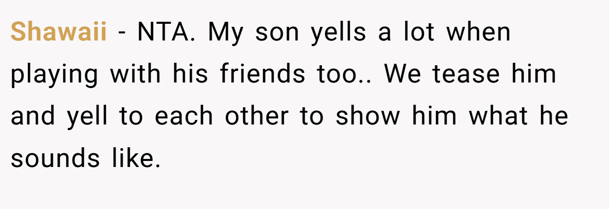Shawaii − NTA. My son yells a lot when playing with his friends too.. We tease him and yell to each other to show him what he sounds like.
