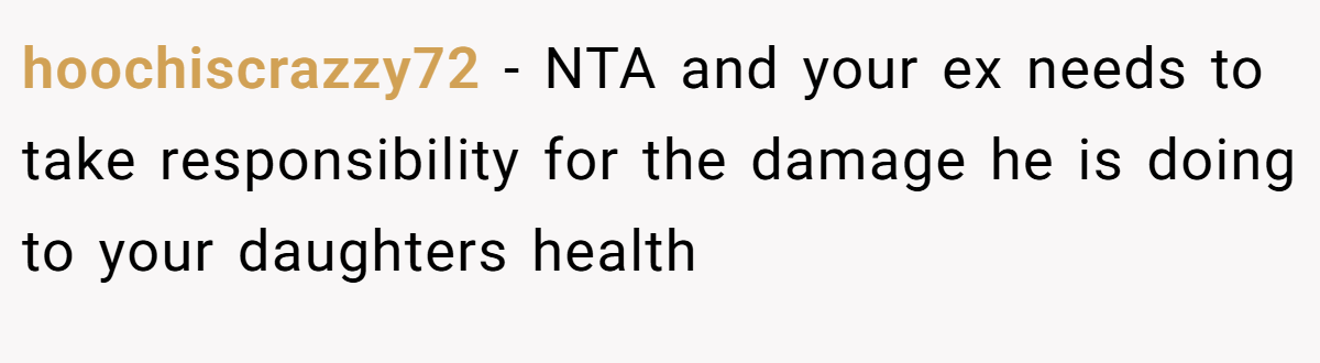 hoochiscrazzy72 − NTA and your ex needs to take responsibility for the damage he is doing to your daughters health