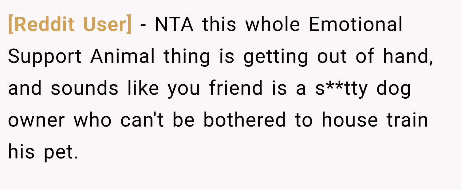 [Reddit User] − NTA this whole Emotional Support Animal thing is getting out of hand, and sounds like you friend is a s**tty dog owner who can't be bothered to house train his pet.