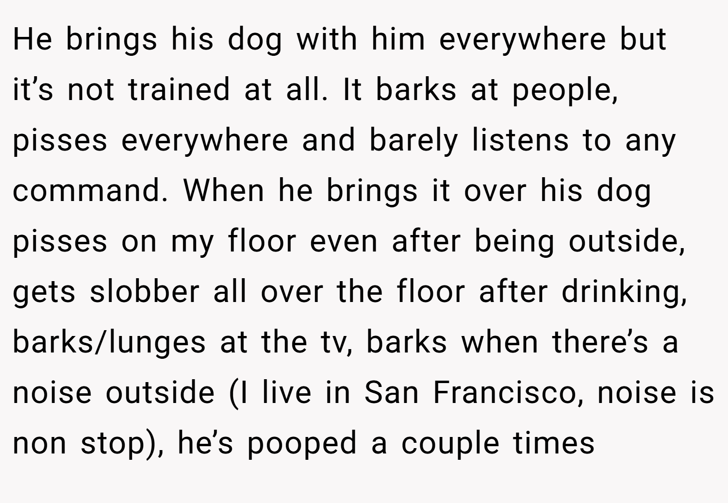 He brings his dog with him everywhere but it’s not trained at all. It barks at people, pisses everywhere and barely listens to any command. When he brings it over his dog pisses on my floor even after being outside, gets slobber all over the floor after drinking, barks/lunges at the tv, barks when there’s a noise outside (I live in San Francisco, noise is non stop), he’s pooped a couple times