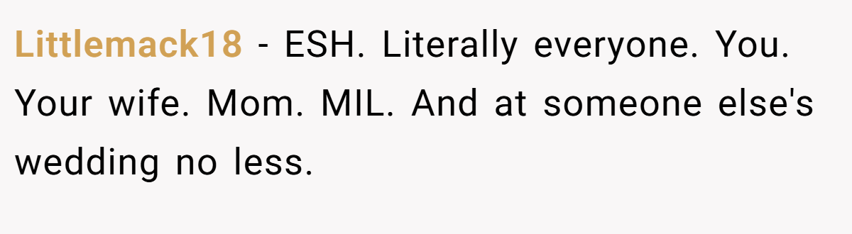 Littlemack18 − ESH. Literally everyone. You. Your wife. Mom. MIL. And at someone else's wedding no less.