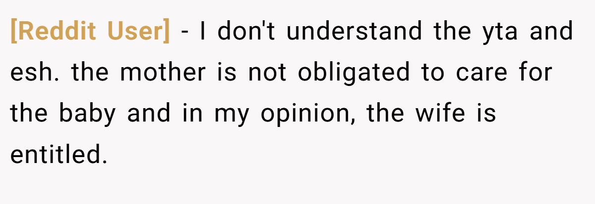 [Reddit User] − I don't understand the yta and esh. the mother is not obligated to care for the baby and in my opinion, the wife is entitled.