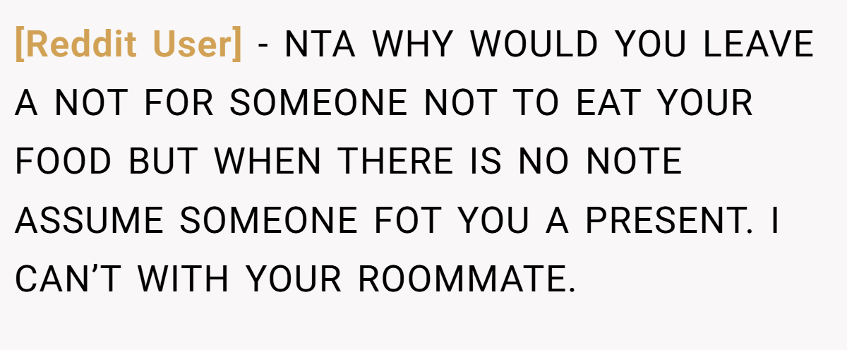 [Reddit User] − NTA WHY WOULD YOU LEAVE A NOT FOR SOMEONE NOT TO EAT YOUR FOOD BUT WHEN THERE IS NO NOTE ASSUME SOMEONE FOT YOU A PRESENT. I CAN’T WITH YOUR ROOMMATE.