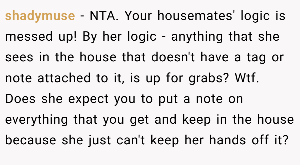 shadymuse − NTA. Your housemates' logic is messed up! By her logic - anything that she sees in the house that doesn't have a tag or note attached to it, is up for grabs? Wtf. Does she expect you to put a note on everything that you get and keep in the house because she just can't keep her hands off it?