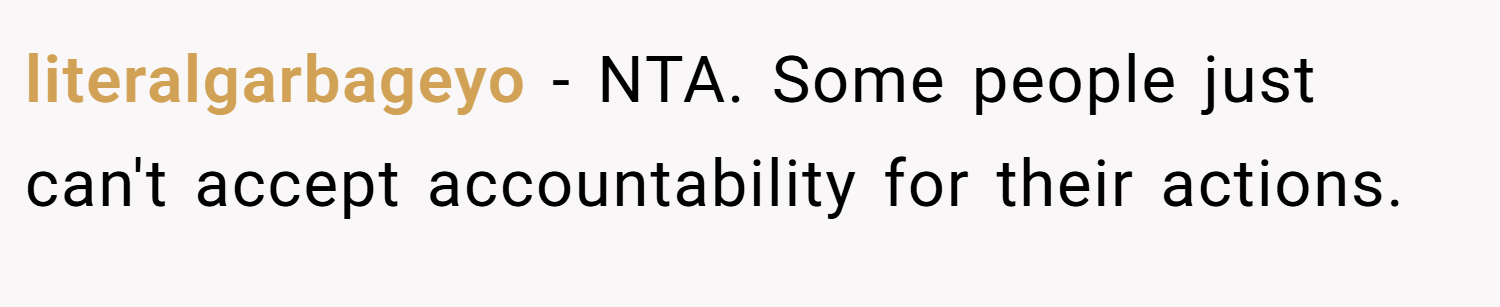 literalgarbageyo − NTA. Some people just can't accept accountability for their actions.