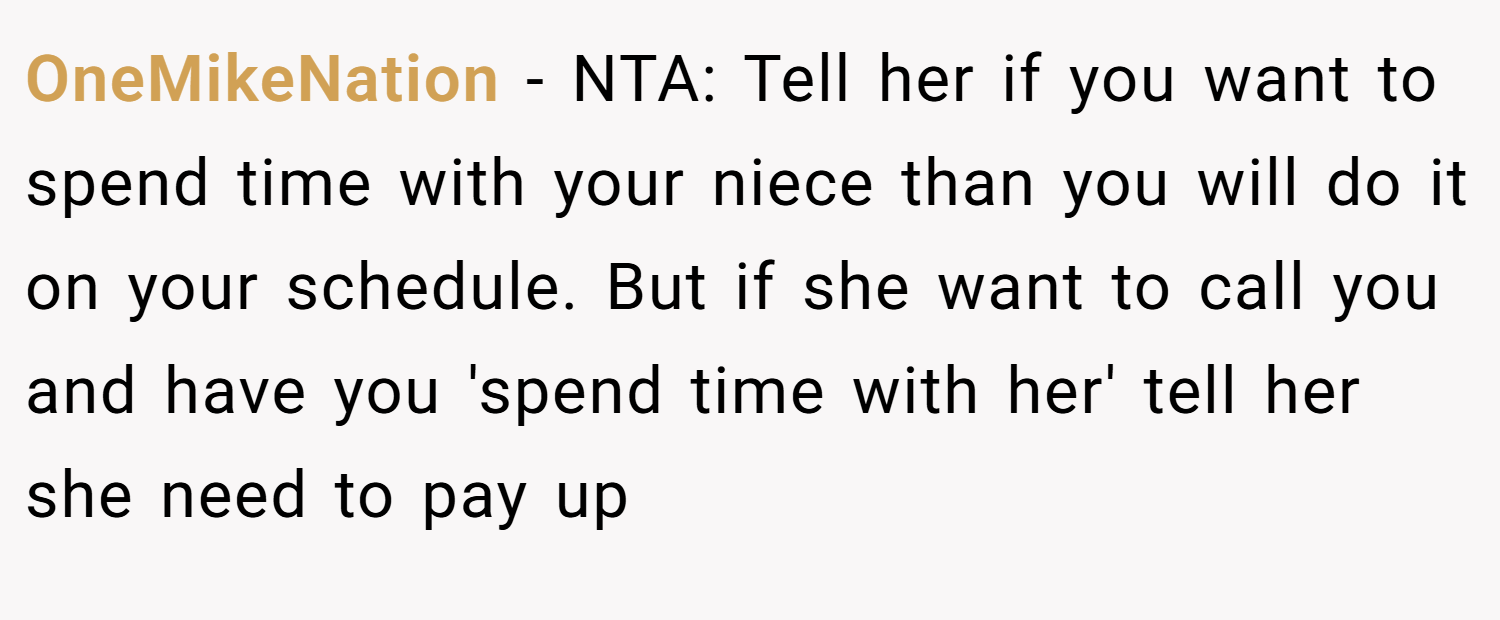 OneMikeNation − NTA: Tell her if you want to spend time with your niece than you will do it on your schedule. But if she want to call you and have you 'spend time with her' tell her she need to pay up