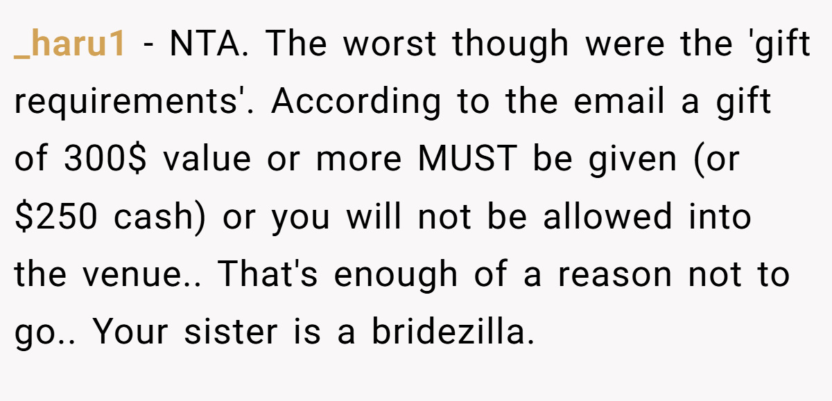_haru1 - NTA. The worst though were the 'gift requirements'. According to the email a gift of 300$ value or more MUST be given (or $250 cash) or you will not be allowed into the venue.. That's enough of a reason not to go.. Your sister is a bridezilla.