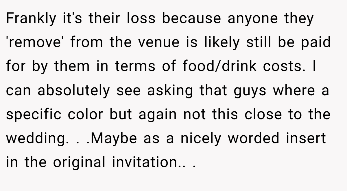 Frankly it's their loss because anyone they 'remove' from the venue is likely still be paid for by them in terms of food/drink costs. I can absolutely see asking that guys where a specific color but again not this close to the wedding. . .Maybe as a nicely worded insert in the original invitation.. ​.