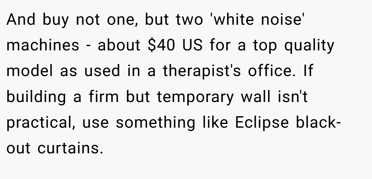 And buy not one, but two 'white noise' machines - about $40 US for a top quality model as used in a therapist's office. If building a firm but temporary wall isn't practical, use something like Eclipse black-out curtains.
