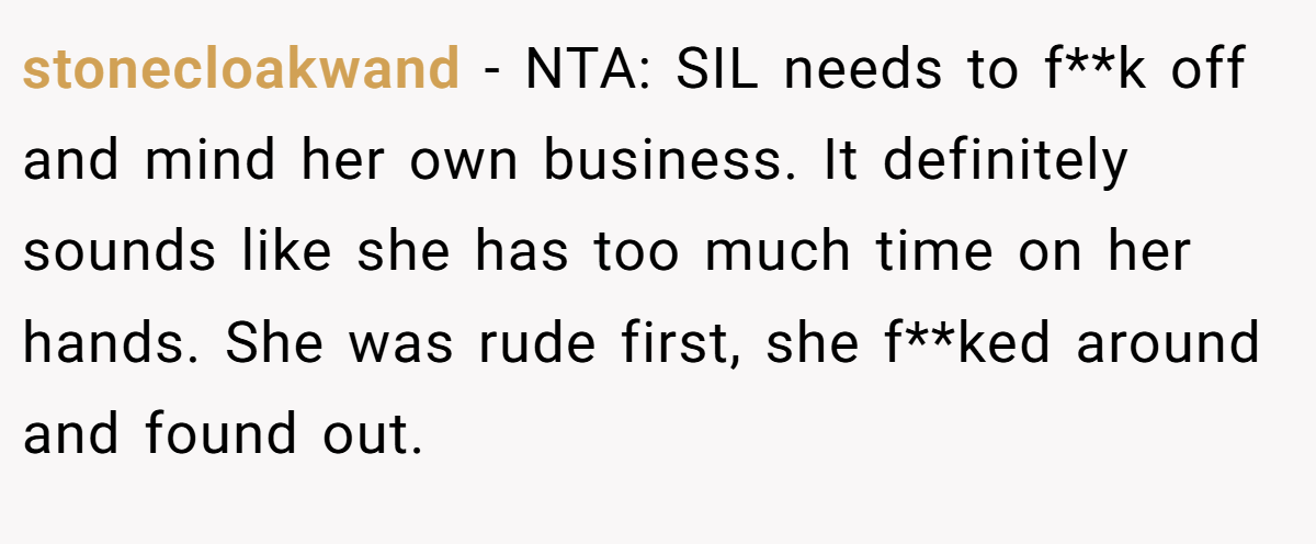 stonecloakwand − NTA: SIL needs to f**k off and mind her own business. It definitely sounds like she has too much time on her hands. She was rude first, she f**ked around and found out.