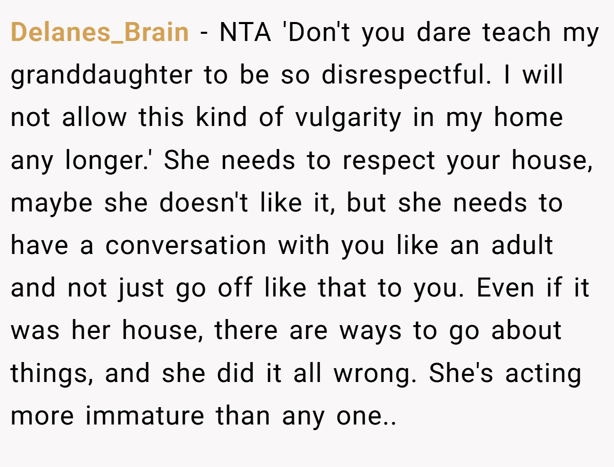 Delanes_Brain − NTA 'Don't you dare teach my granddaughter to be so disrespectful. I will not allow this kind of vulgarity in my home any longer.' She needs to respect your house, maybe she doesn't like it, but she needs to have a conversation with you like an adult and not just go off like that to you. Even if it was her house, there are ways to go about things, and she did it all wrong. She's acting more immature than any one.. ​